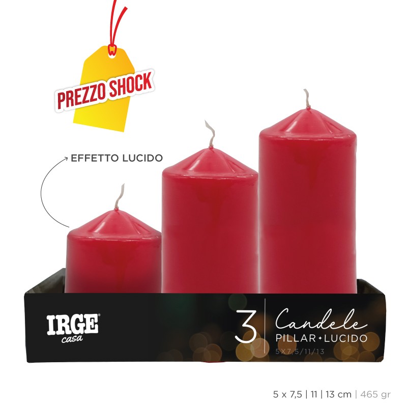 BGA SET CANDELE PILLAR ROSSO LUCIDO 5X7.5/11/13CM