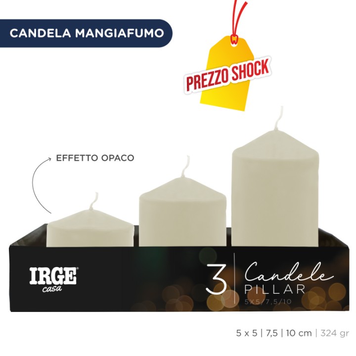 FEO SET CANDELE PILLAR AVORIO 5X5/7.5/10