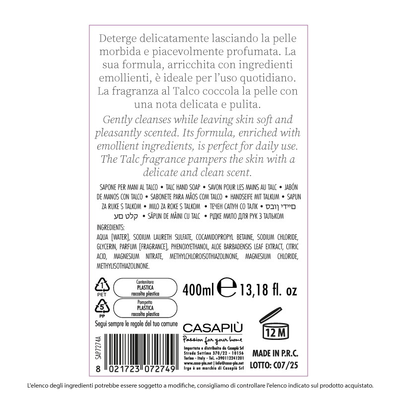 ADT SAPONE LIQUIDO MANI 400 ML TALCO