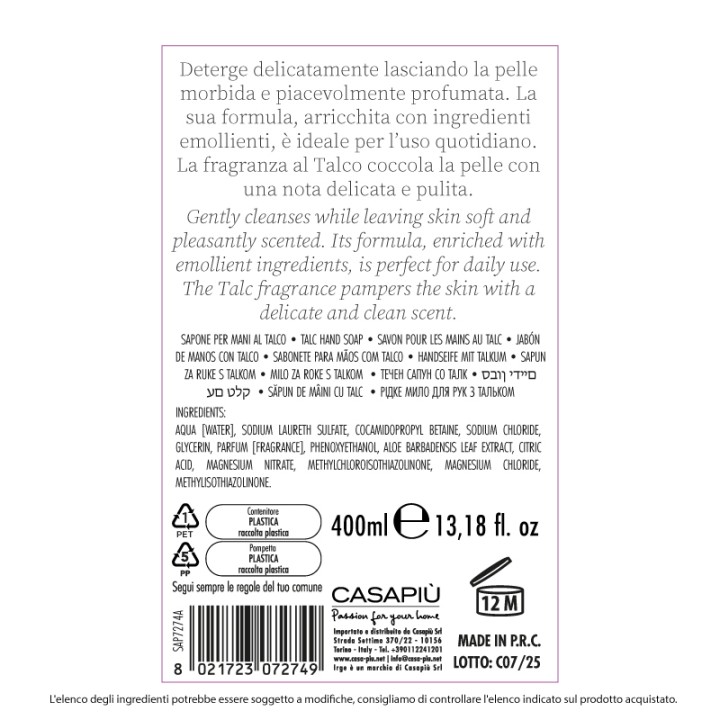 ADT SAPONE LIQUIDO MANI 400 ML TALCO