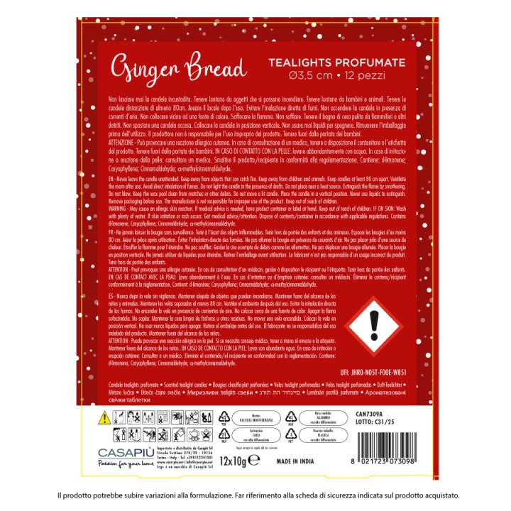 BBA SET 12PZ TEALIGHTS NATALIZIE 10GR ROSSO NATALE - GINGER BREAD