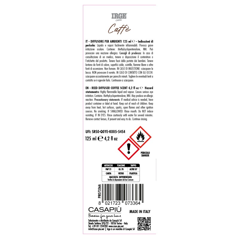 CDV DIFFUSORE IRGE AMB. 125 ML CAFFE' C/BASTONCINI