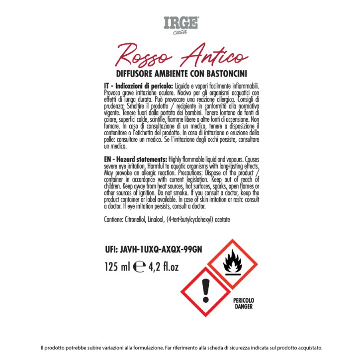 CFO DIFFUSORE AMB. IRGE 125ML ROSSO ANT. C/BASTONCINI