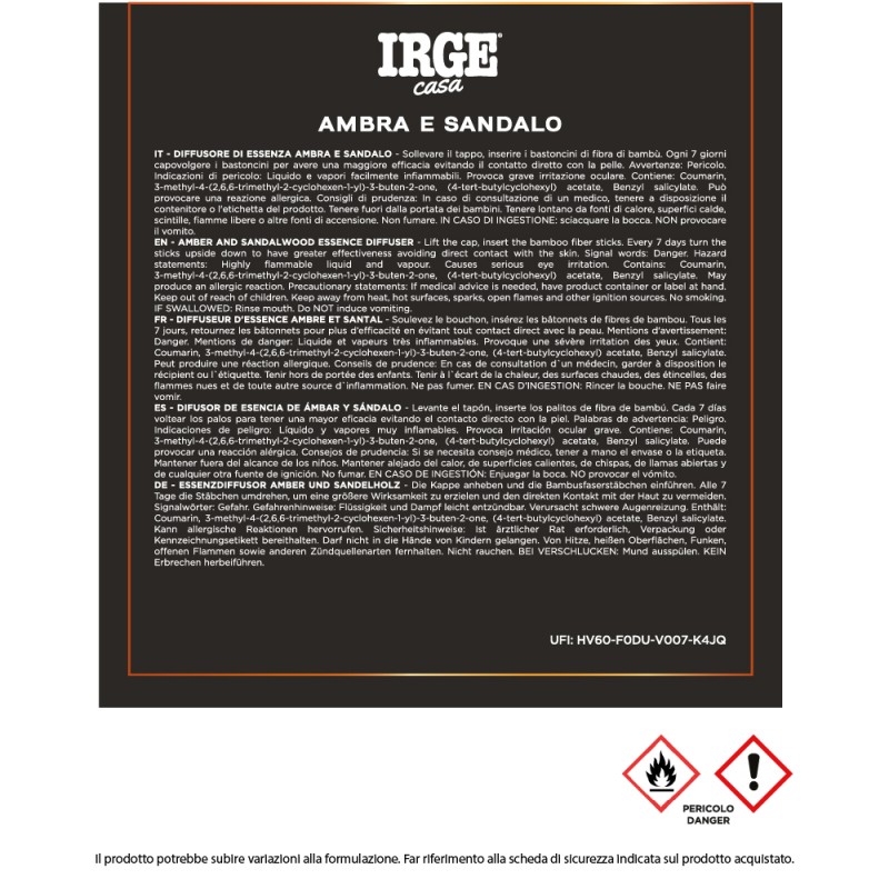 CLJ DIFFUSORE IRGE 700 ML AMBRA/SANDA C/BASTONCINI