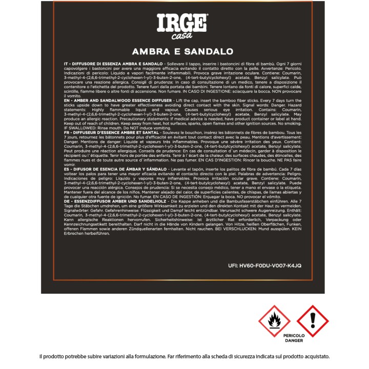 CLJ DIFFUSORE IRGE 700 ML AMBRA/SANDA C/BASTONCINI
